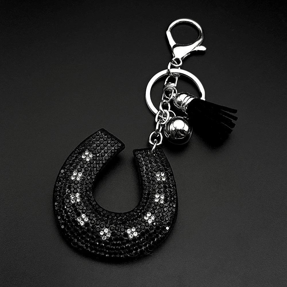 Hufeisen-Strass-Schlüsselanhänger für Damen und Herren, Glücksbringer im Western-Stil, Glitzernder Handtaschenanhänger mit schwarzer Quaste und Glocke, Taschenanhänger, Schmuckgeschenke – Detail 5