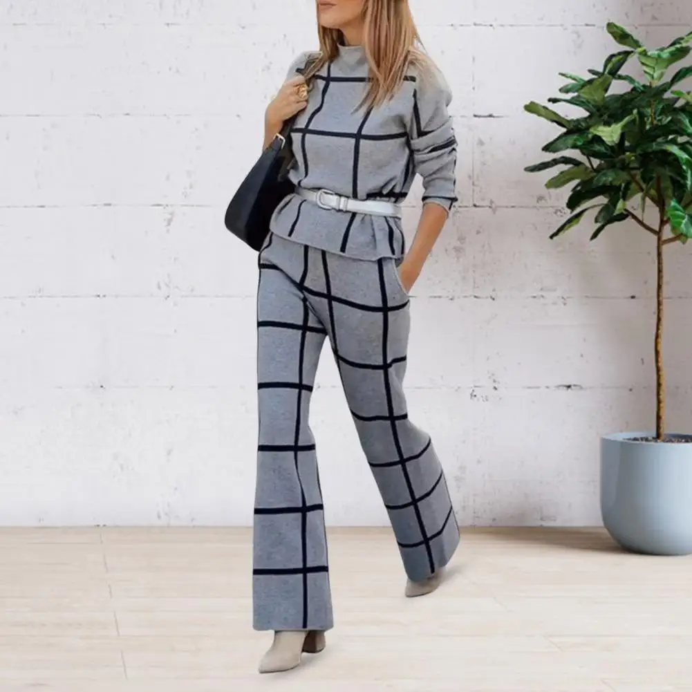 

Semi-high Neck Print Plaid Long-sleeved Shirt Stretch High Waist Wide Leg Belt Pocket Casual Suit 2 Pieces/sets