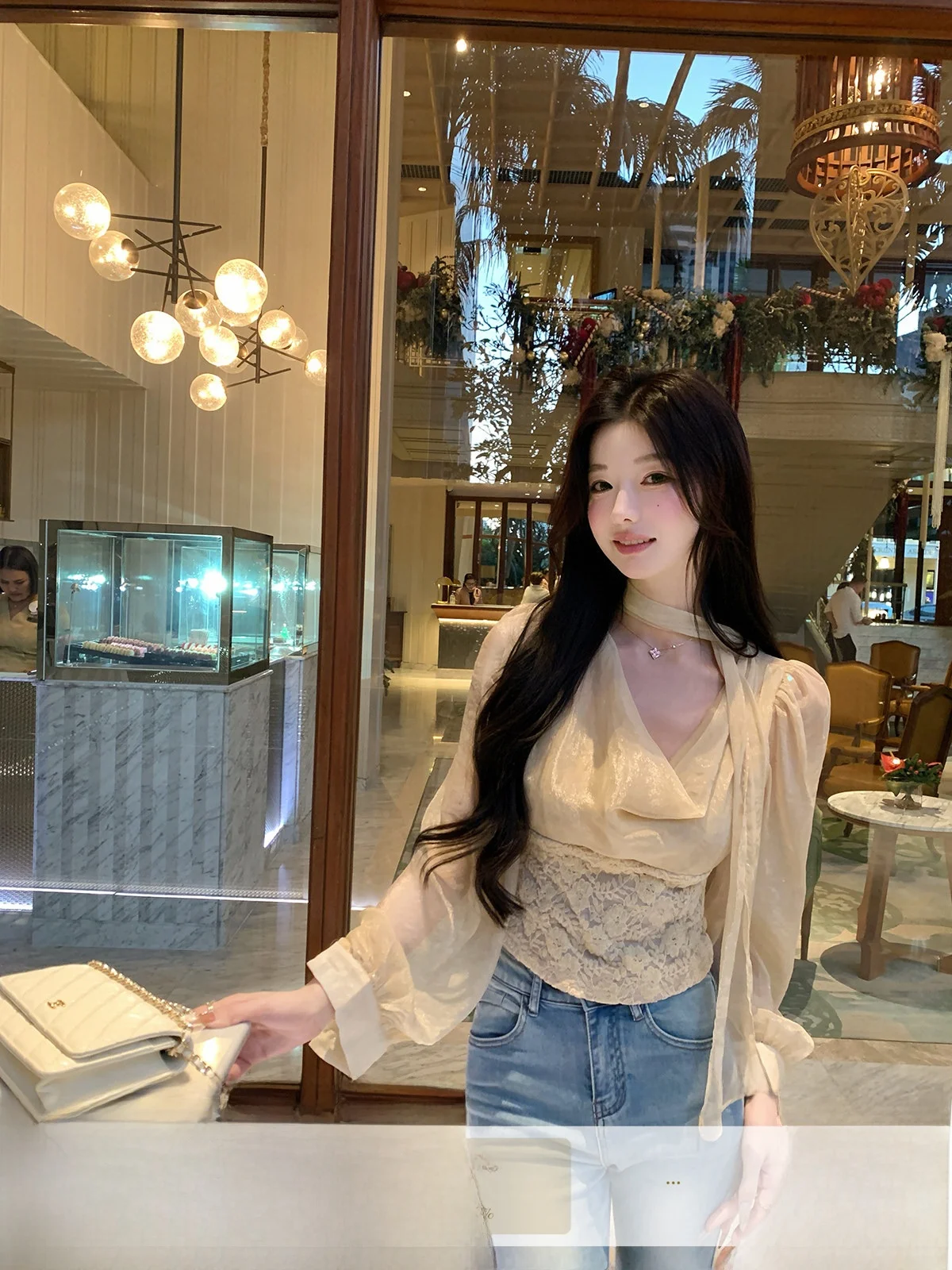 

YOLI Zhang Yuli Miss Weini Milk Card Color Shirt Women's Spring Slimming Top Casual Style Gathered Waist Long Sleeve Short Le...