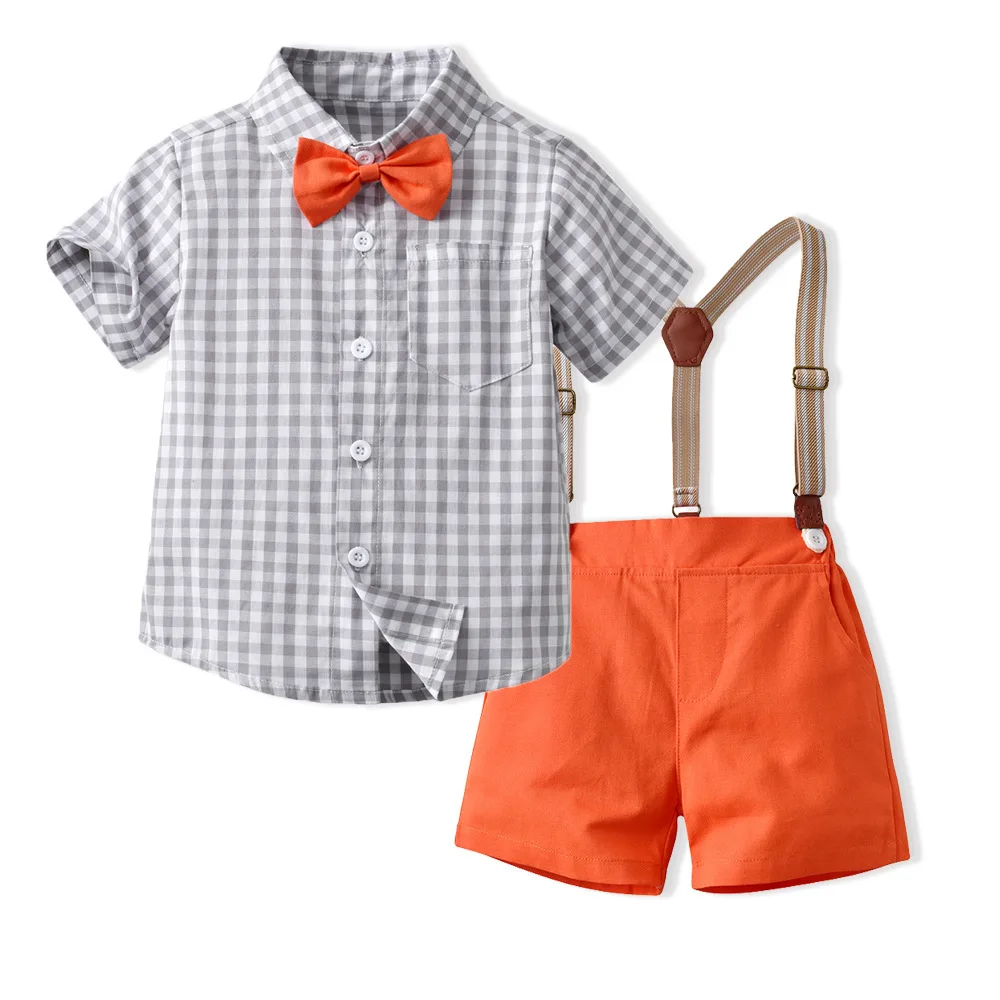 Children's Clothing Summer Plaid Suspender Pants Children's Set, Japanese Korean New Products, And Fresh Boy Set