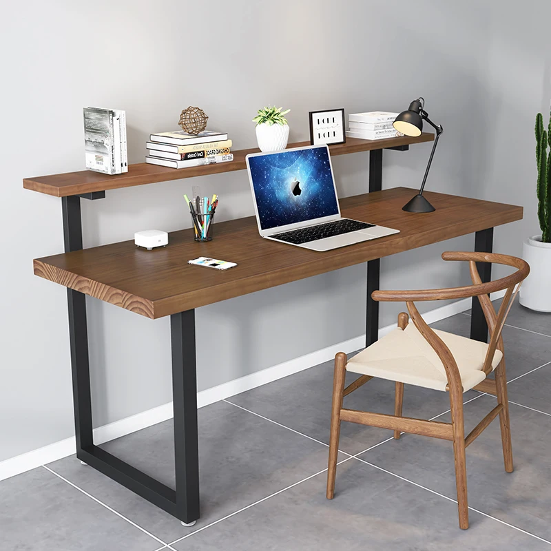 American wrought iron solid wood computer desk simple modern double-layer desk bookshelf combination desk