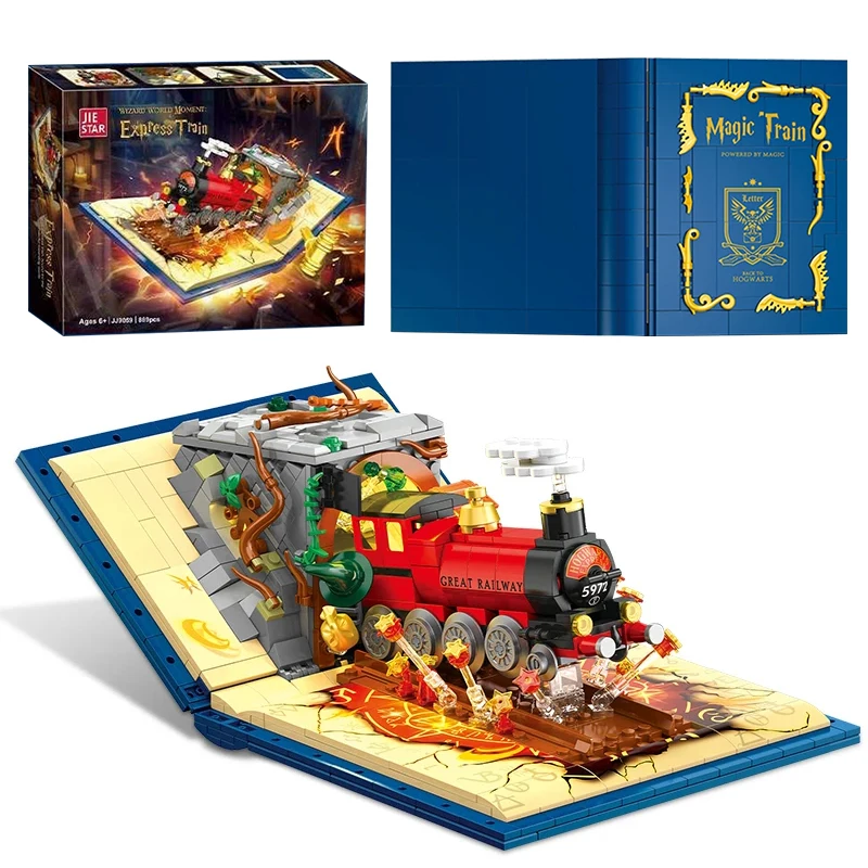 Tren mágico de bloques de construcción clásico, 889 Uds., escena de tren de película, modelo MOC, juego de ladrillos, decoración de escritorio, juguetes DIY para niños, regalo de cumpleaños