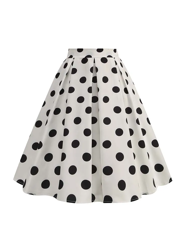 Summer Casual Women Midi Skirt Polka Dot High Waist Retro Vintage 50s Pleated Party Skirts