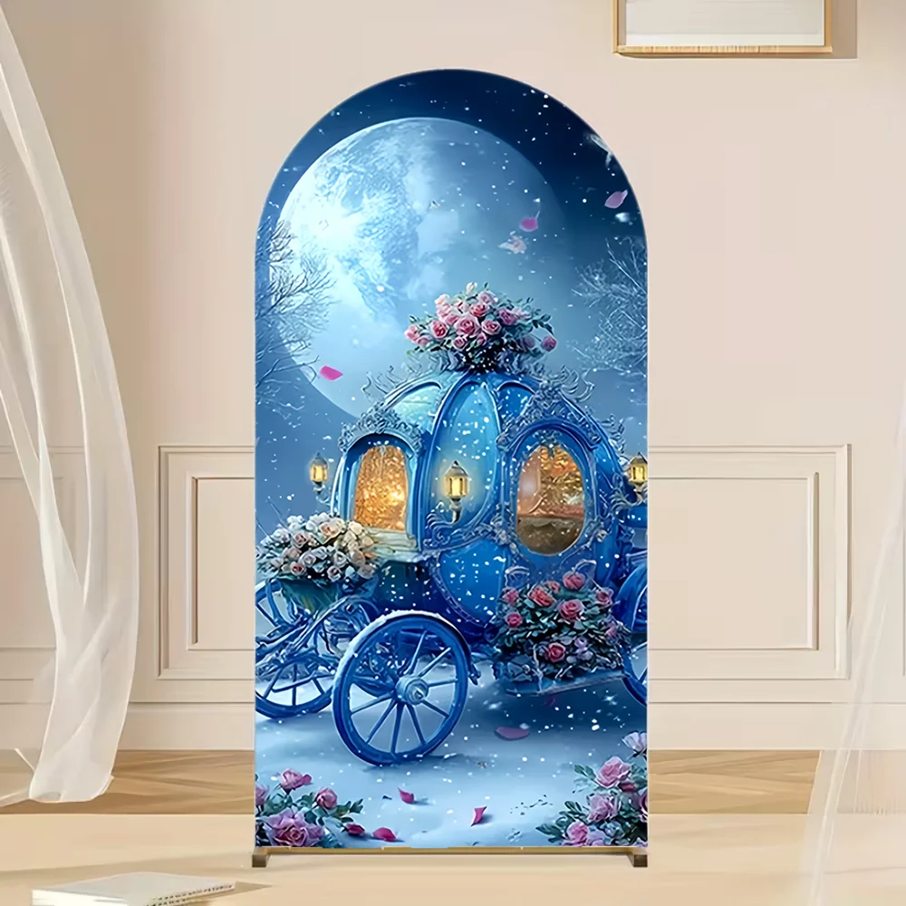 Fairy Princess Carriage Arch Backdrop Cover Blue Watercolor Christmas Theme Party Decor Photo Booth Background