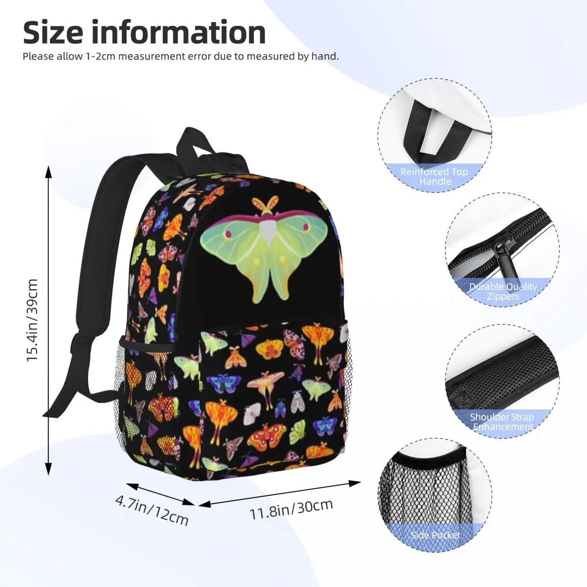 Moth-Mochila escolar leve impressão, moda Padrão Bag, Novo, 15 Polegada