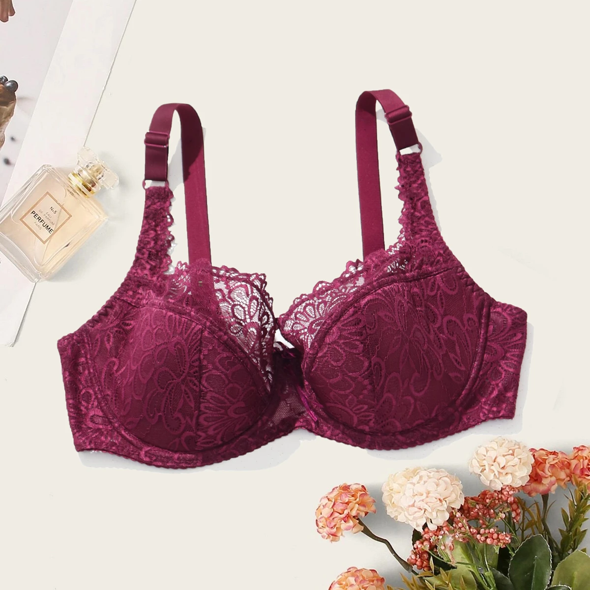 BEAUWEAR Plain Floral Lace Bra for Woman Plus Size Bra with Wire no Foam Full Cup Lingerie