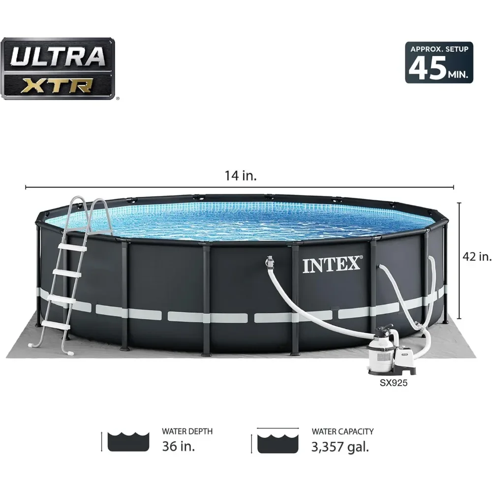 14x42FT Outdoor Pool, Round Above Ground Outdoor Swimming Pool Set with Sand Filter Pump, Ground Cloth, Ladder and Pool Cover