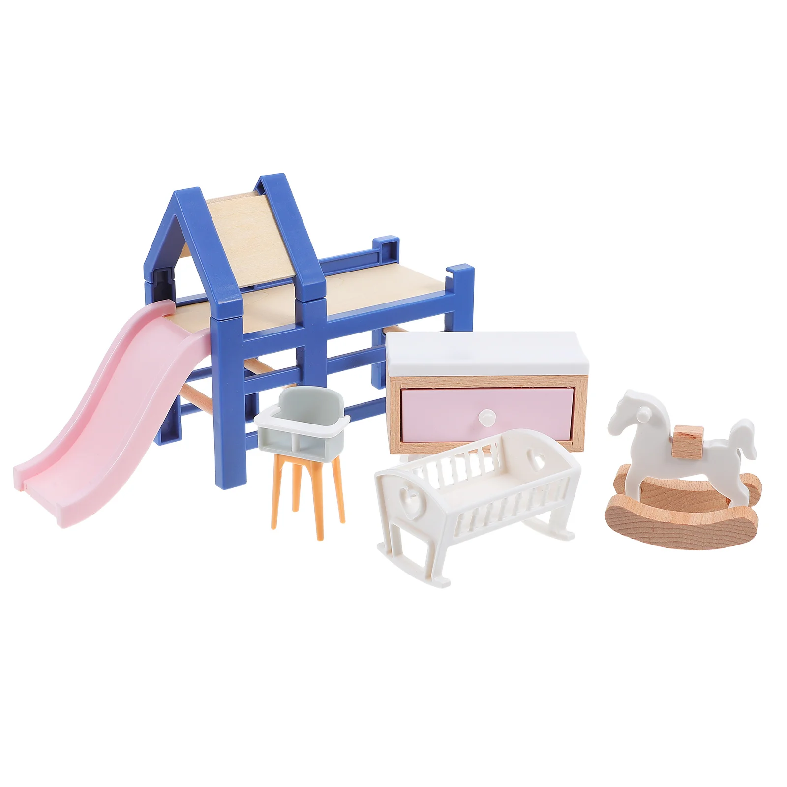 

1Set Miniature Dollhouse Furniture 1:12 Scale Playroom Nursery Scene Cradle Slide Rocking Horse Stool Pretend Play