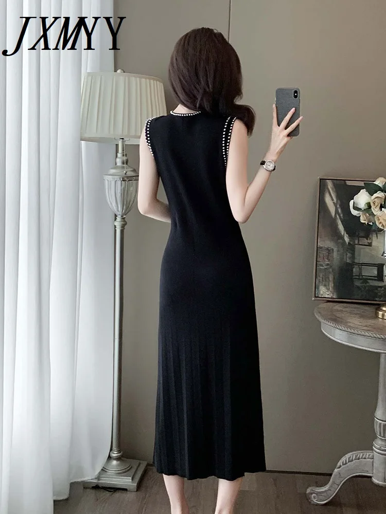 JXMYY 2025 Hand-Beaded Slim Knit Sleeveless Little Black Dress Women's New Summer Sstyle Mid-Length To Ankle Chic Dress