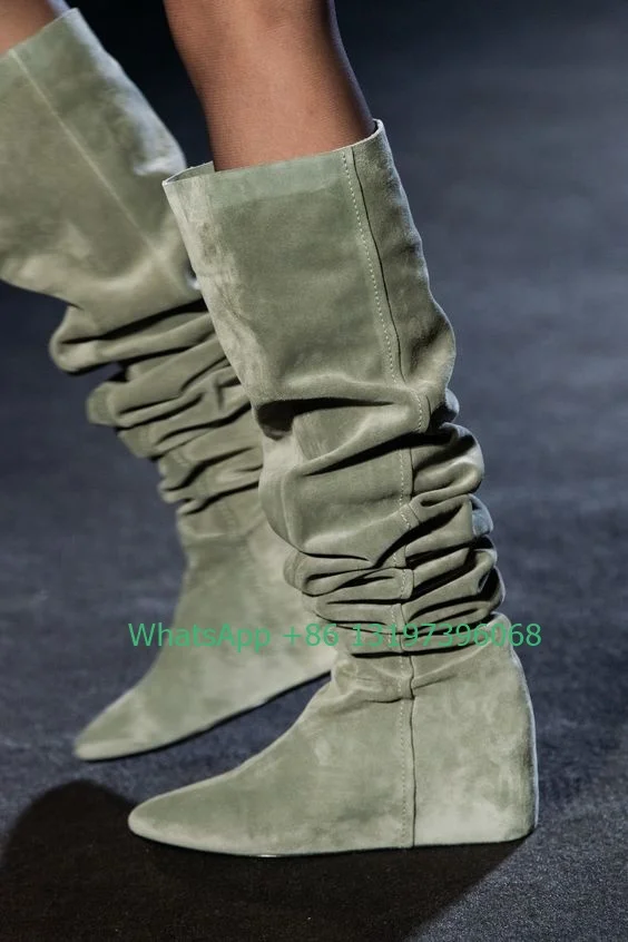 Lady dark green wedge suede knee boots elegant T show boots pointed toe shoes summer daily dress footwear boots large size