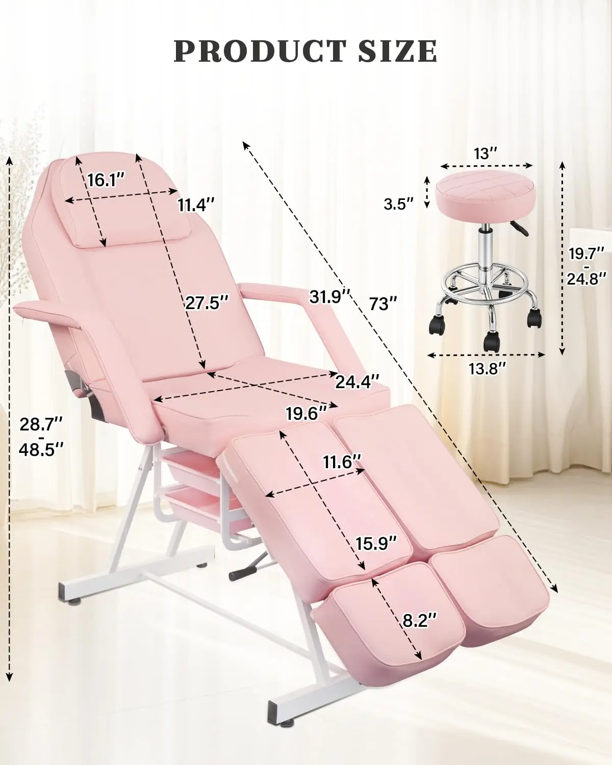 Tattoo Facial Beauty Lash Massage Bed for Esthetician with Hydraulic Stool&Extension Footrests for Salon Spa Barber Equipment