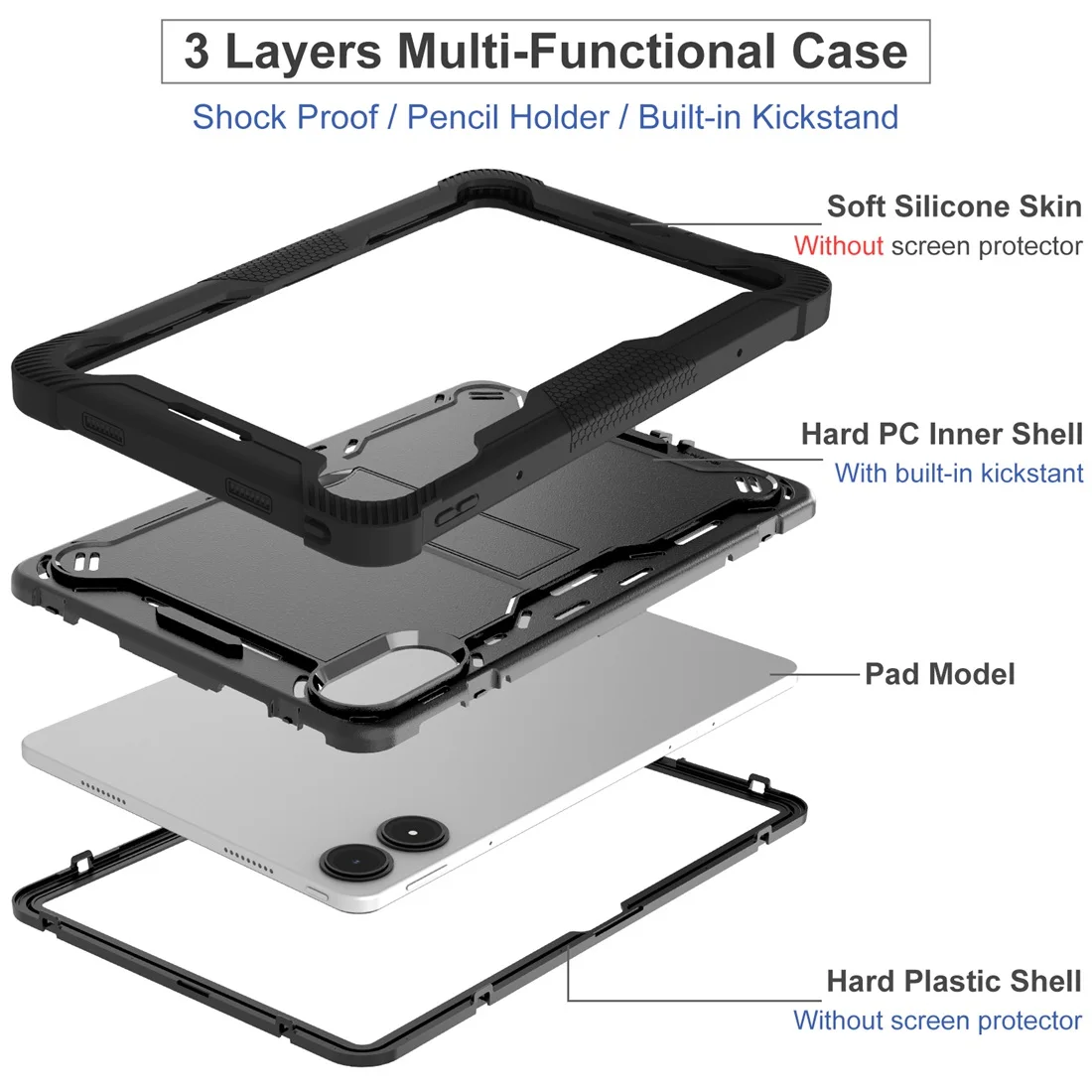 3 layers Protective shockproof PC+Silicone Cover Kickstand Case for Xiaomi Redmi Pad Pro 2024 12.1\