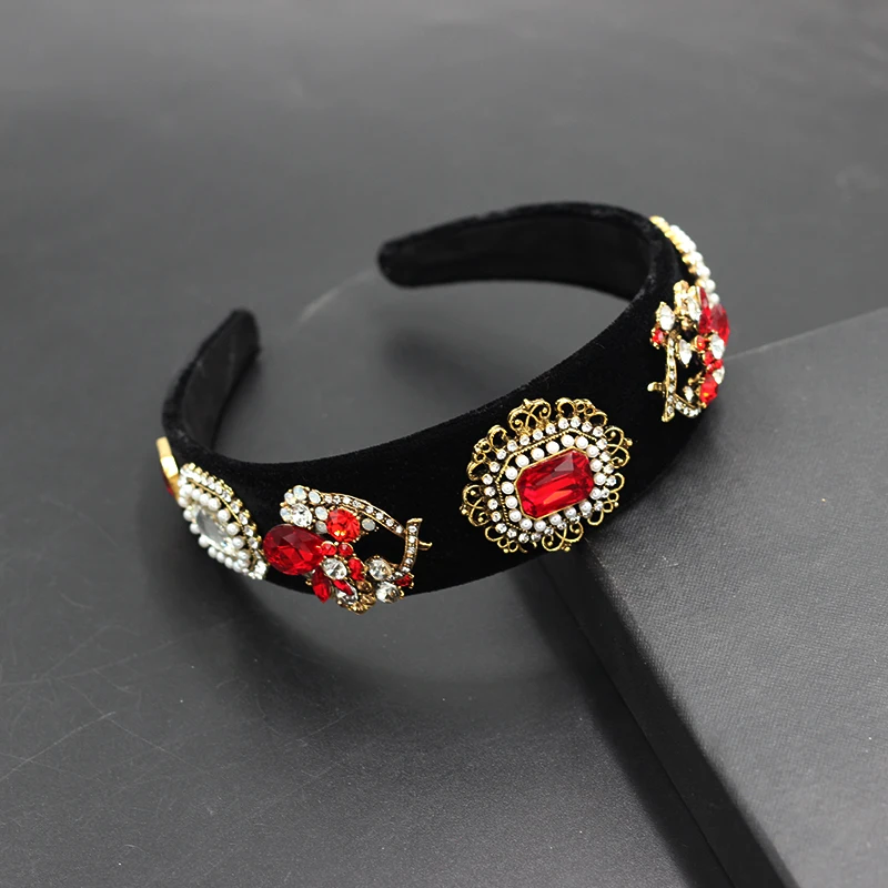 Retro baroque wide-sided rhinestone geometric headband flannel rhinestone pearl ladies prom catwalk hair accessories 819