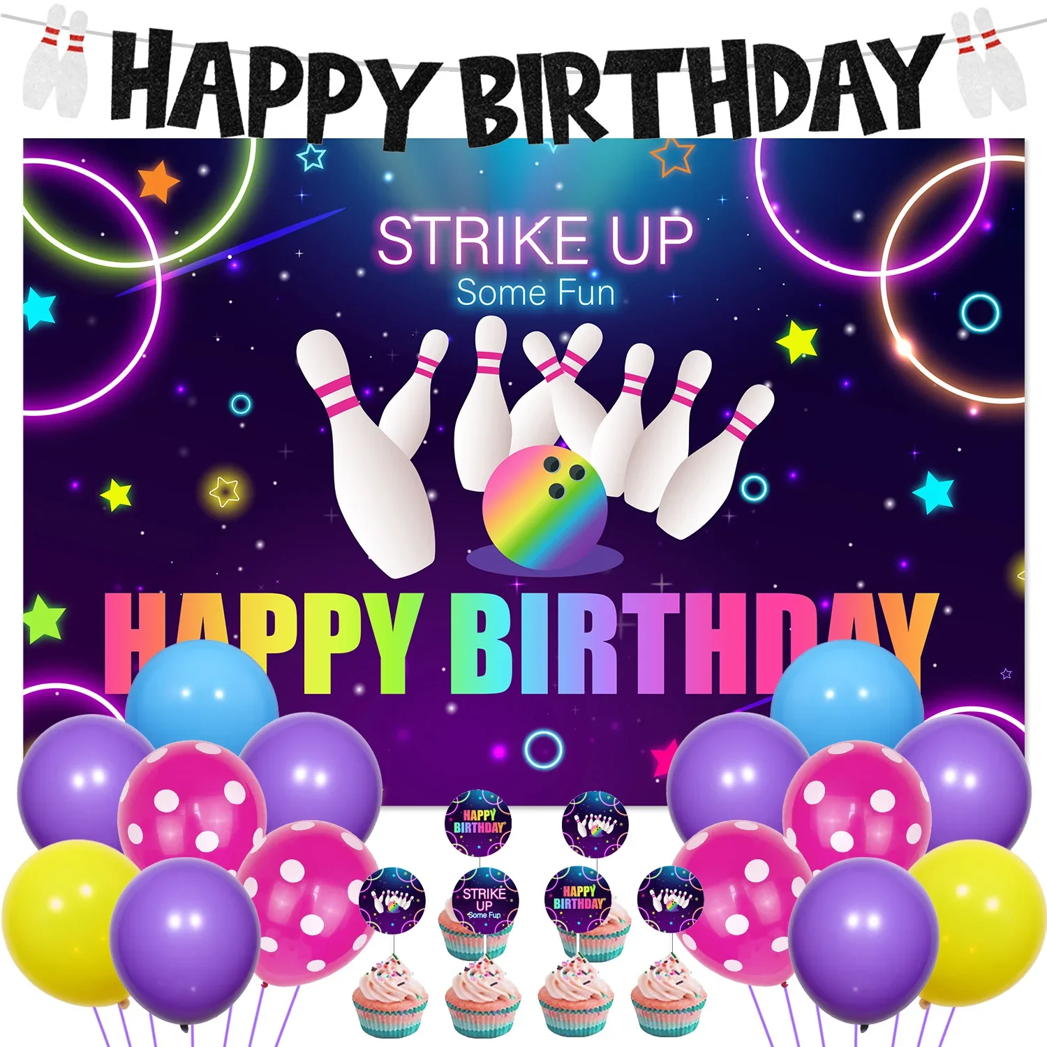 Purple Glitter Bowling Theme Backdrop, Let's Strike Up Some Fun Bowling Party- Vibrant Rainbow Neon Glow Girls' Birthday Decor