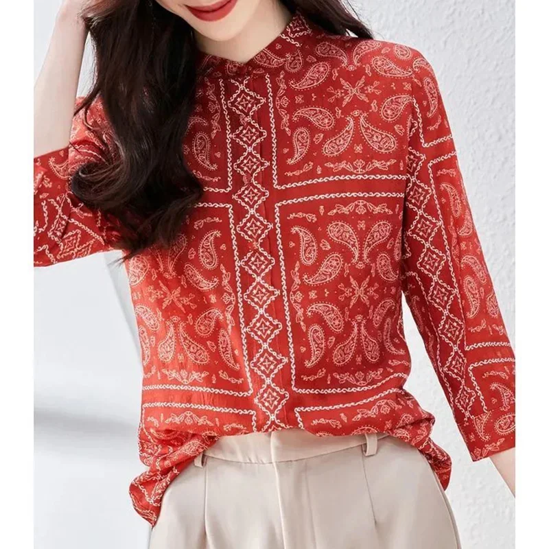 

Spring Summer Ethnic Style Stand Neck Loose Fit Shirt Vintage Three-quarter Sleeve Single Row Multi Buckle Chiffon Blouses B614