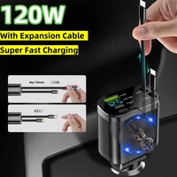 120W Car Charger Cigarette Lighter Adapter PD QC3.0 Car Fast Charger With Retractable Cable For IPhone 15 Samsung Xiaomi Huawei