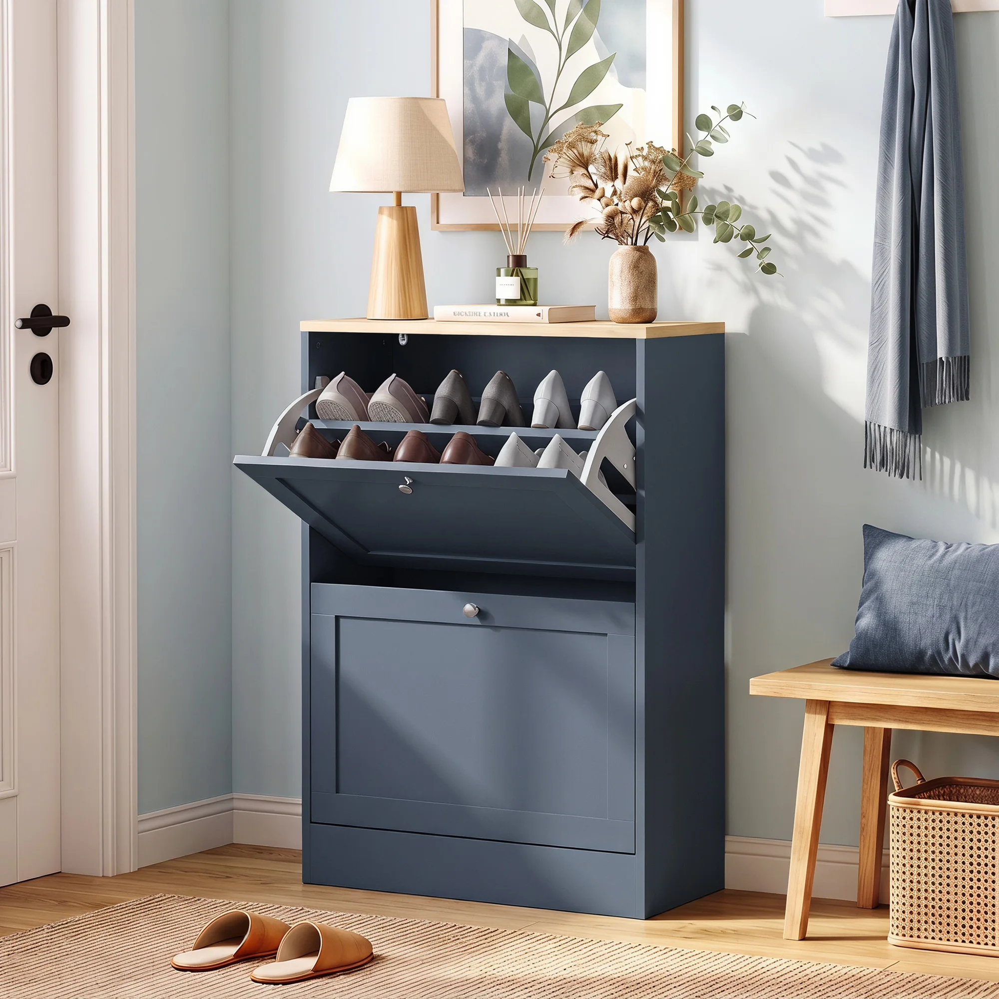 HOMCOM Shoe Storage Cabinet with 2 Flip Drawers, Wooden Freestanding Shoe Organizer with Adjustable Shelves for Entryway, Hallway, Blue