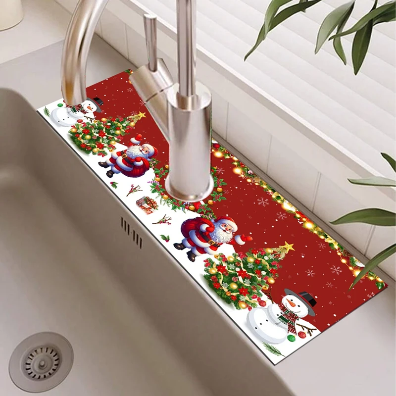 1pc Christmas Santa Snowman Faucet Absorbent Mat Christmas Decorations for Home Decor Bathroom Kitchen Countertop Accessories