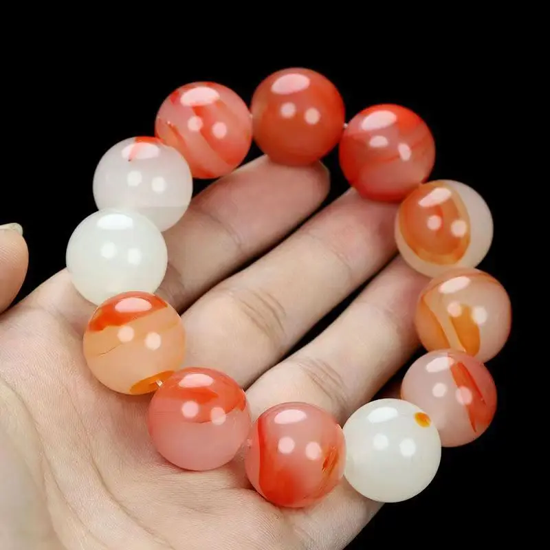 

Natural Red White Jade Round Beads Bracelet Chinese Hand-Carved Charm Jewelry Fashion Amulet Accessories for Men Women Gifts