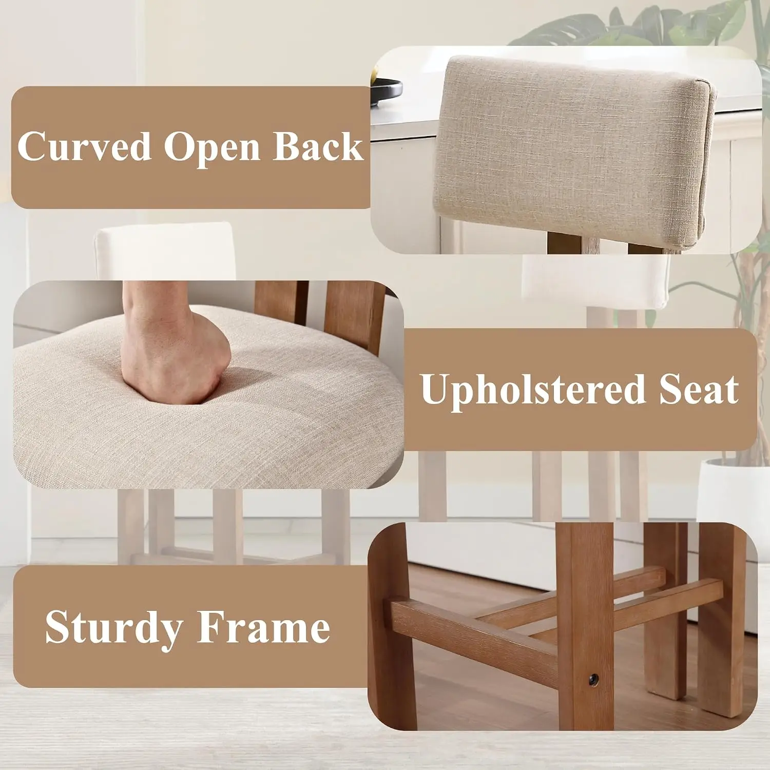 Farmhouse Bar Stools Set of 4 Modern 26" Counter Height with Padded Back Upholstered Wood Legs Beige, Customized - view 5