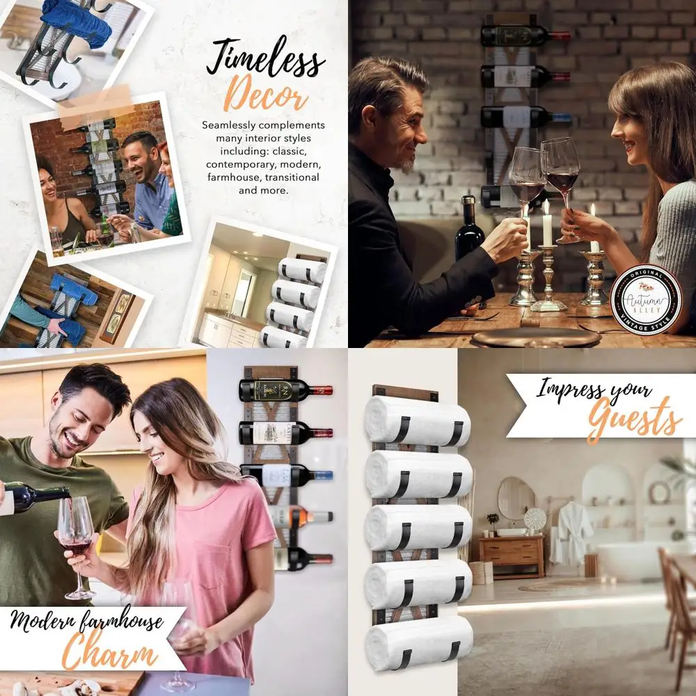 

Rustic Farmhouse Wall-Mounted Towel Holder & Wine Rack Set for Bathroom & Western Decor