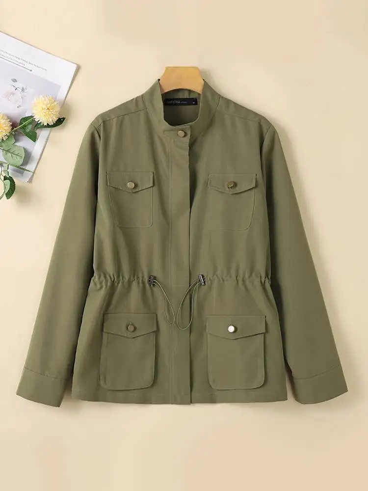 ZANZEA Stand Collar Work Wear Outwear Autumn 2024 Long Sleeve Drawstring Waisted Solid Overshirt Women Button Up Cargo Jacksets