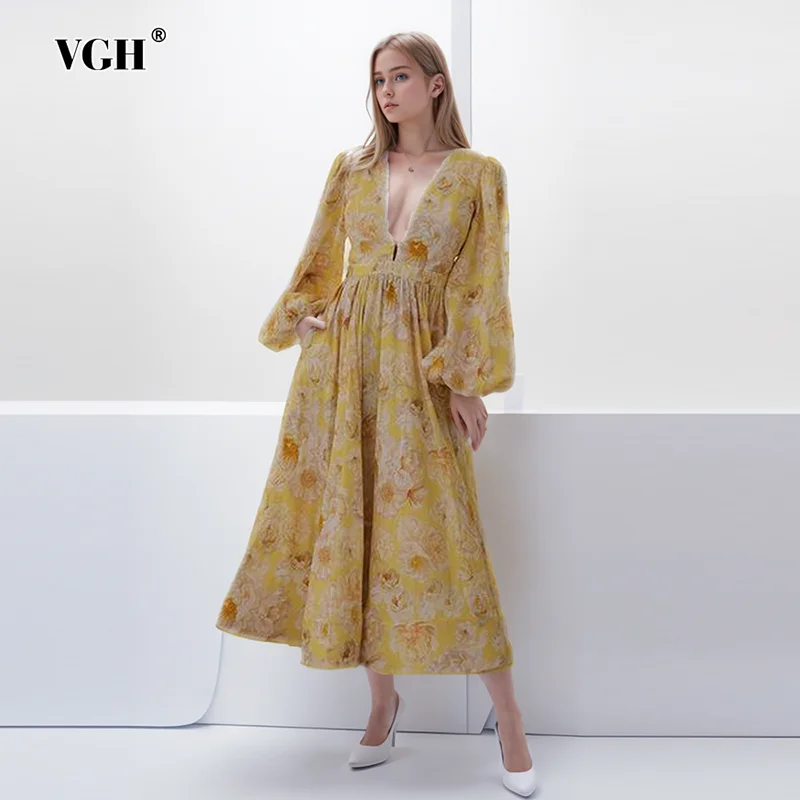 VGH Hit Color Floral Printing Elegant Dresses For Women V Neck Lantern Sleeve High Waist Spliced Zipper Long Dress Female New