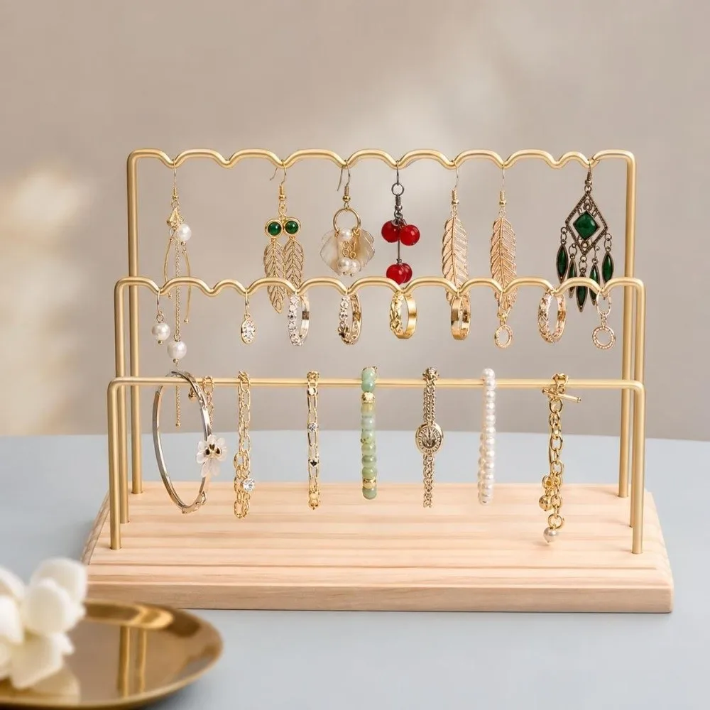 Multi-Layer Earring Display Stand Jewelry Photography Prop Natural Wood Base Jewelry Holder Rack Hanging Bar Stand Space Saving