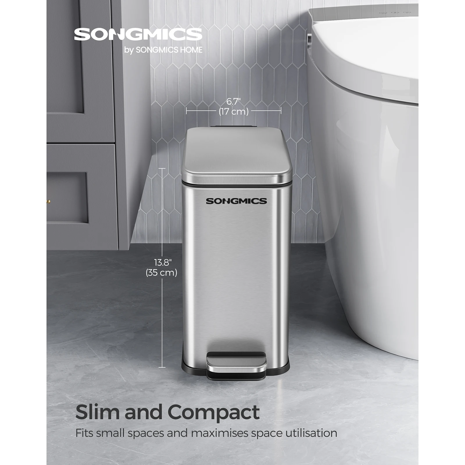 SONGMICS Bathroom Bin, 10L Small Bin with Lid, Pedal Toilet Bin, Slim for Small Spaces, Steel, Soft Close