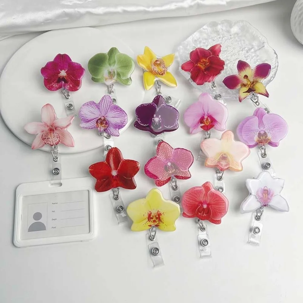 Cute Acrylic Resin Holder Clip Orchid Flower Shape Durable ID Badge Reel Retractable Design Retractable Badge Holder Chest Card