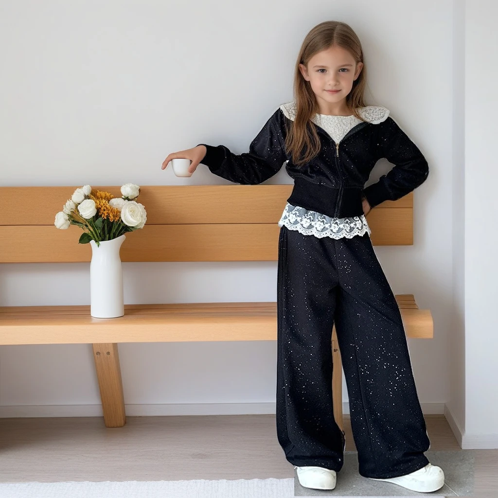 

Autumn Girls Tracksuit Lace Trim Silver Star Sequin Hoodie Set Loose Outfit Zip-Up Jacket Pants 2-Piece Teen Kids Clothing Set