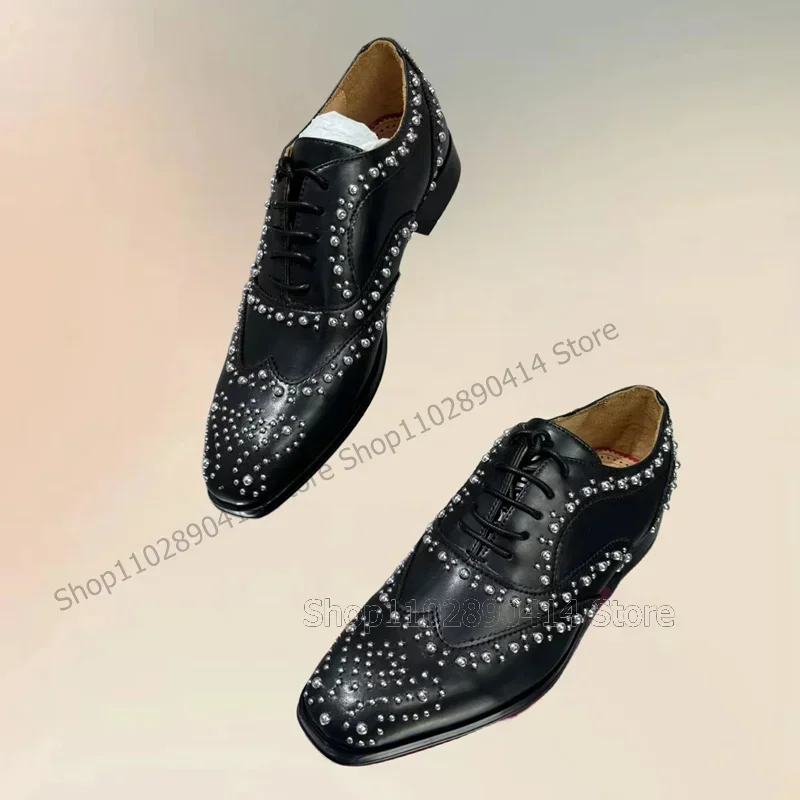 Silver Rivets Decor Black Strappy Square Toe Loafers Fashion Lace Up Men Shoes Luxurious Handmade Party Office Men Dress Shoes - view 4