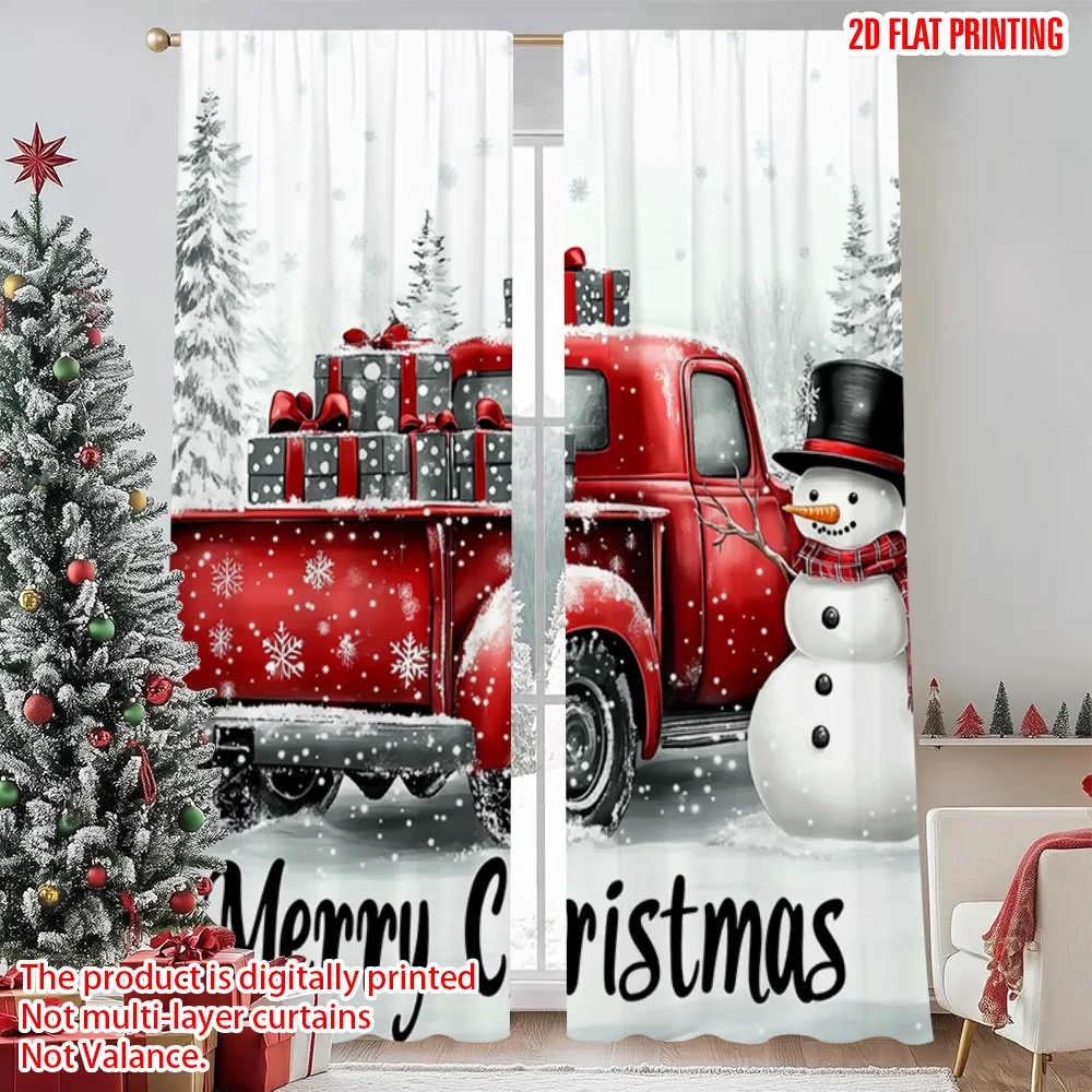 

2pcs 2D flat printing Christmas Window Curtains Cute truck_ snowman Durable Polyester Without Electricity Festive Holiday for