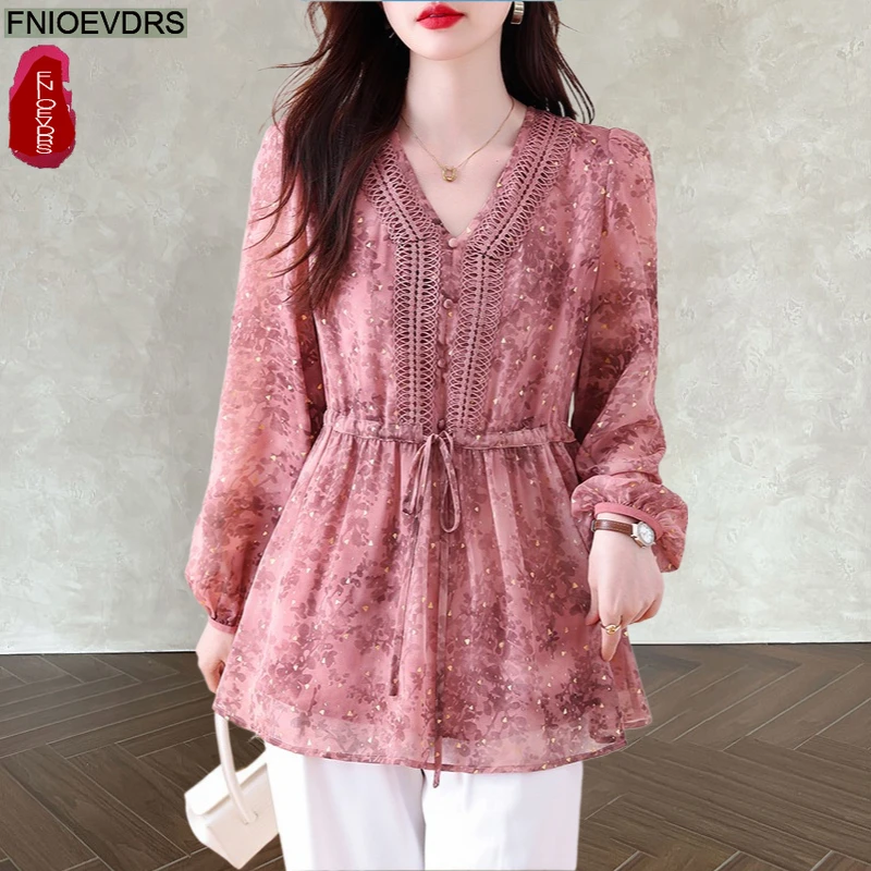 

Loose Clothes Peplum Tops Blouses New Fashion 2026 Woman Long Sleeve Lace Floral Printing Shirring Waist Belly Tunic Shirts