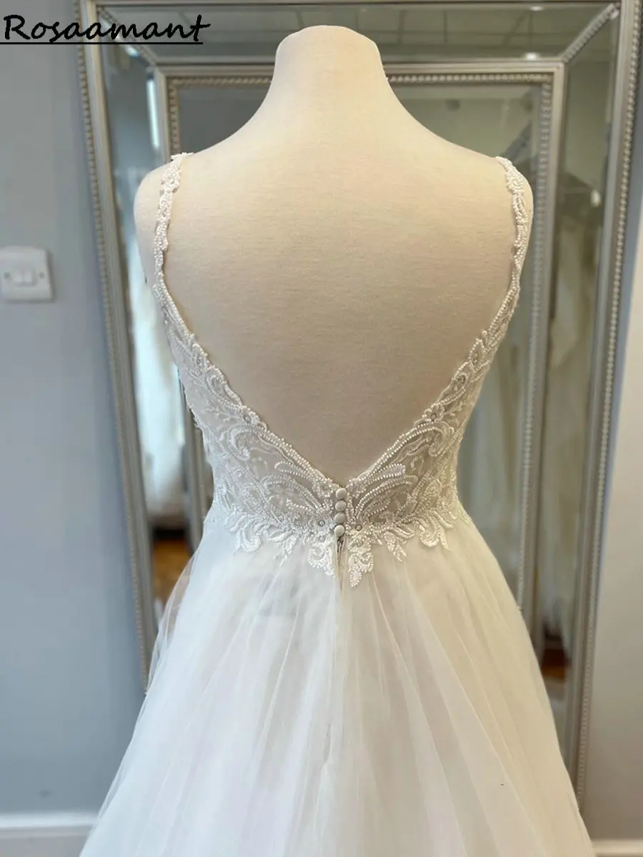 Real Image Illusion V-Neck Lace Appliques Wedding Dresses A-Line Spaghetti Straps Backless Bridal Gowns