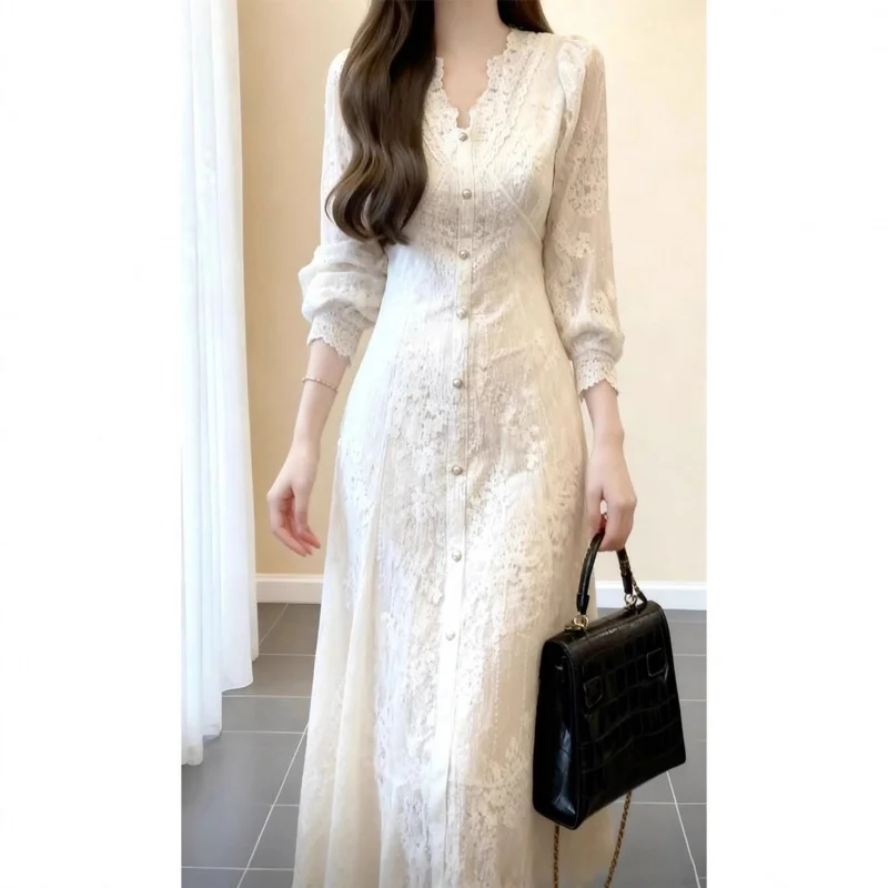 

2026 New Spring Lace DressVElegant Dress With Pearl Collar And Waist-Cinching Long Skirt