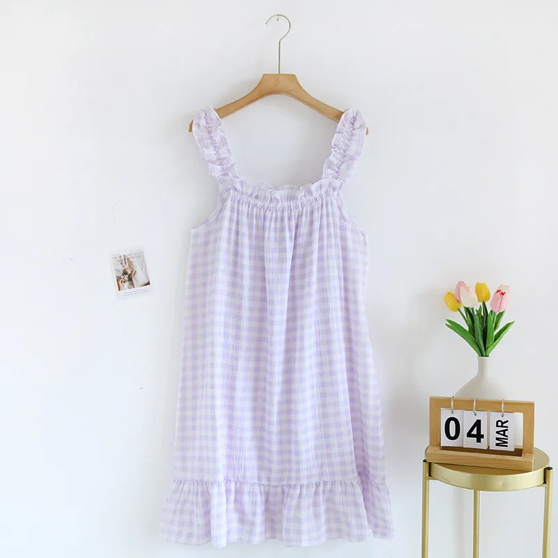 2024 New Summer Women\'s Suspended Dress 100% Cotton Crepe Sleeping Dress Ladies Plaid Loose Home Dress Sleepwear Dress Women