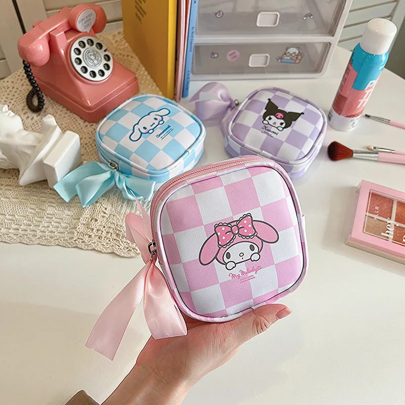 Cartoon Sanrio Menstrual Pad Organizer Bag Cute Kuromi Melody Cinnamoroll Pu Waterproofing Portability High Volume Cosmetic Bag