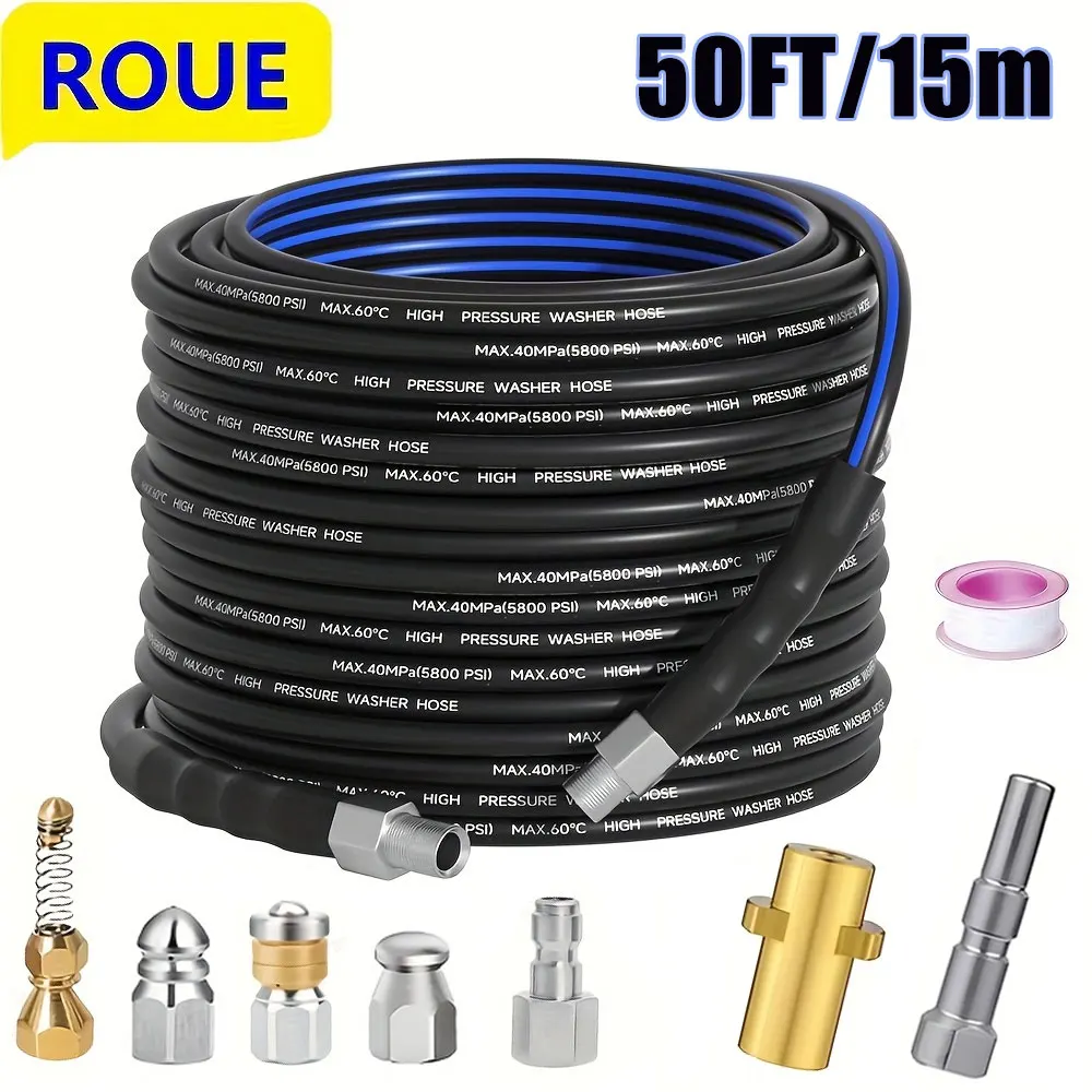 

50FT Blue-Black Cleaning Hose Pressure Washer Drain Flusher,1/4" NPT 5000PSI Sink Unblocker Kitchen Flusher Nozzle Accessories