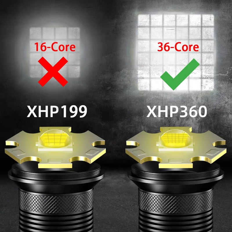 XHP360 مصباح يدوي قوي للغاية LED ضوء العمل مصباح LED قابل لإعادة الشحن 9900000000LM مقاوم للماء الشعلة أضواء خارجية للتخييم