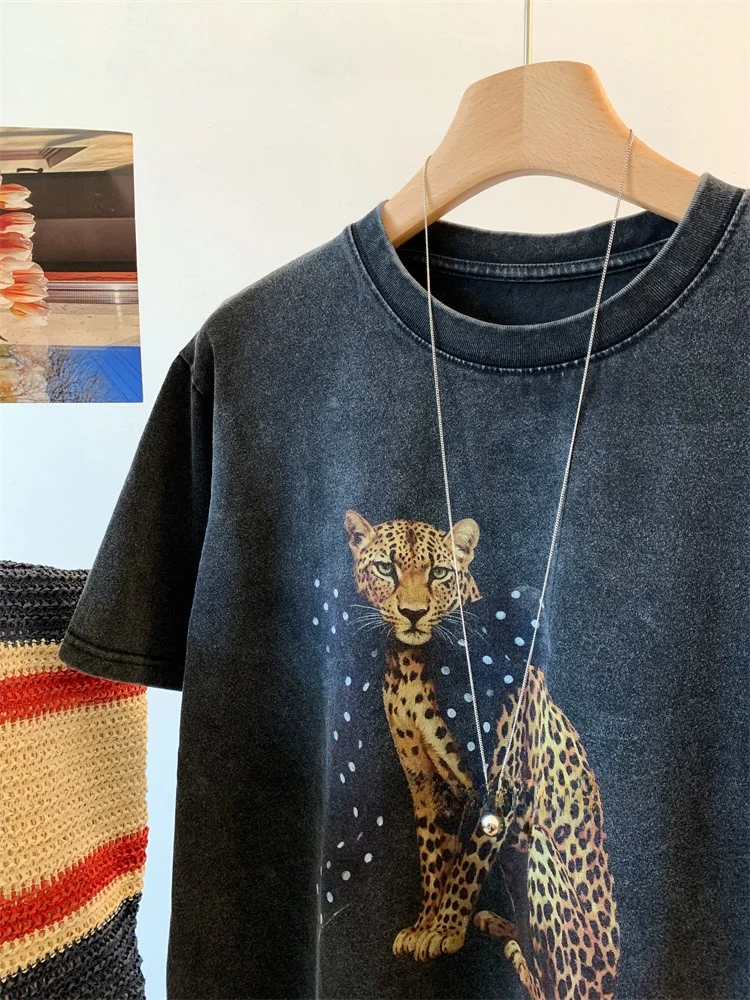 Retro American  Knot Money Leopard Print Worn Casual Loose Women's Short Sleeve T-Shirt Base Shirt Cotton Pure