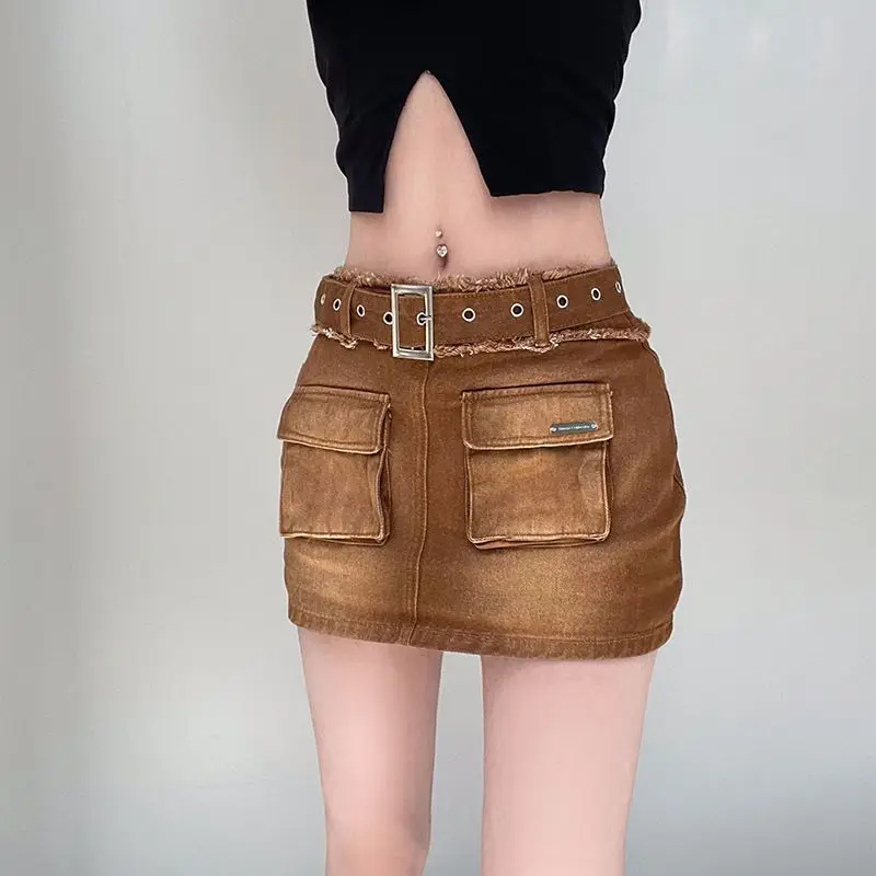 Cargo Mini jeansowa spódniczka pasek wiele kieszeni Streetwear z wysokim stanem kobiety amerykańskie w trudnej sytuacji, gorące dziewczęce, zakrywające pośladki, krótka spódniczka