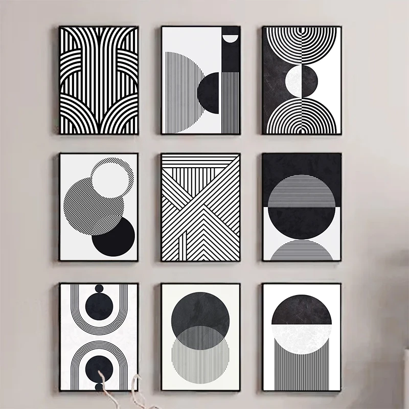 Affiche sur toile avec lignes et cercles noirs et blancs, effet visuel, images murales pour salon, chambre à coucher, décoration moderne pour la maison