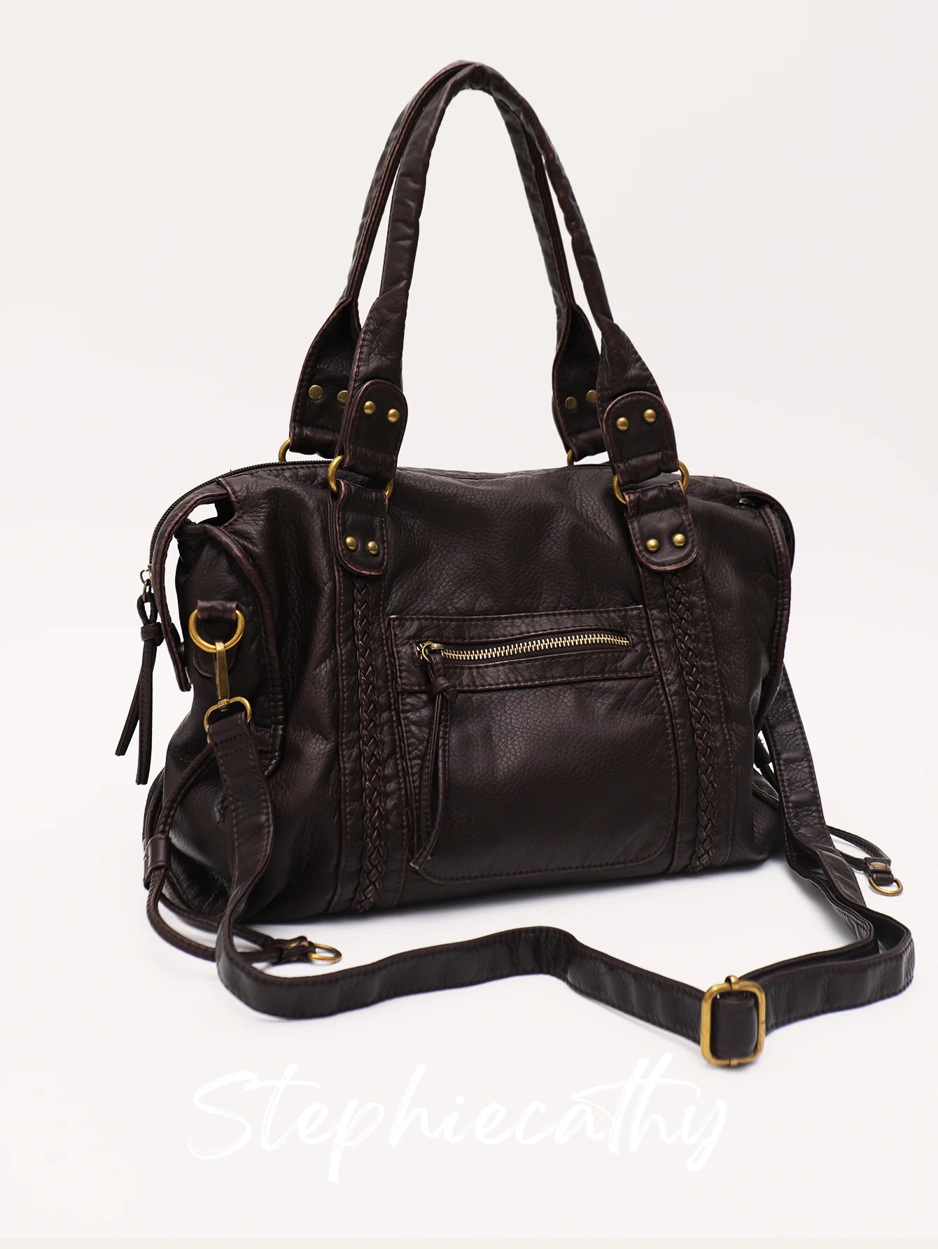 SC Retro Casual Cool Unisex Soft Brush off Washed PU Vegan Leather Handbag Braid Decor Crossbody Large Tote Laptop Shoulder Bag