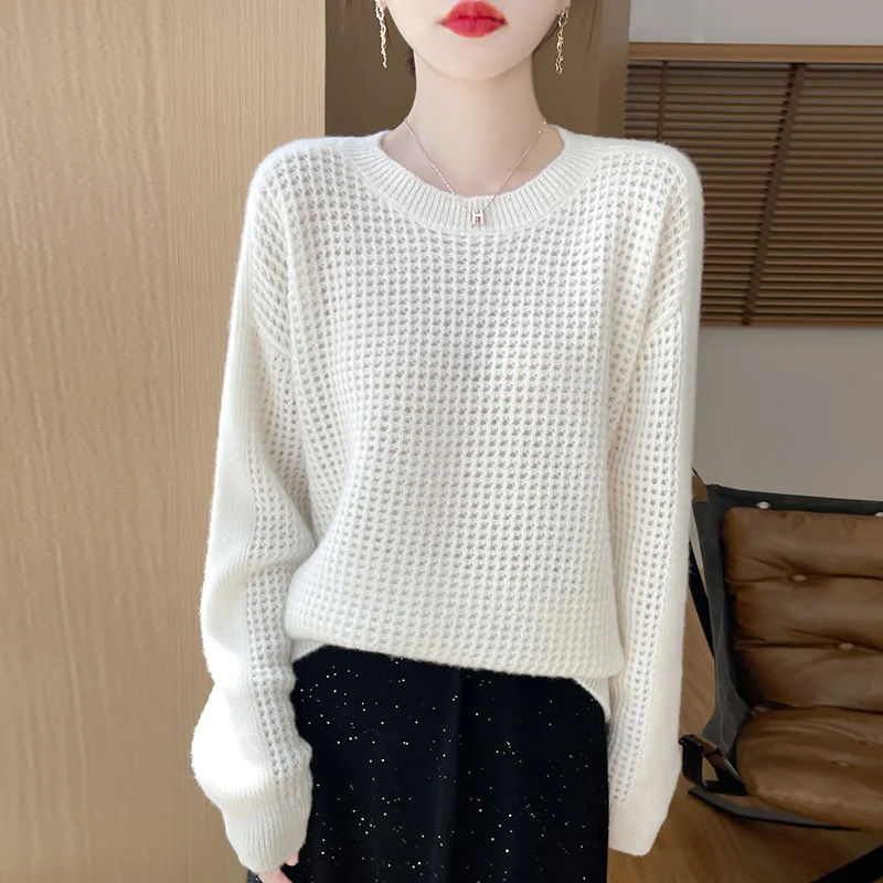 Autumn and Winter New 100% Pure Wool Cashmere Sweater Women's Round Neck Knitted Pullover Casual Large Size Woven Korean Tops