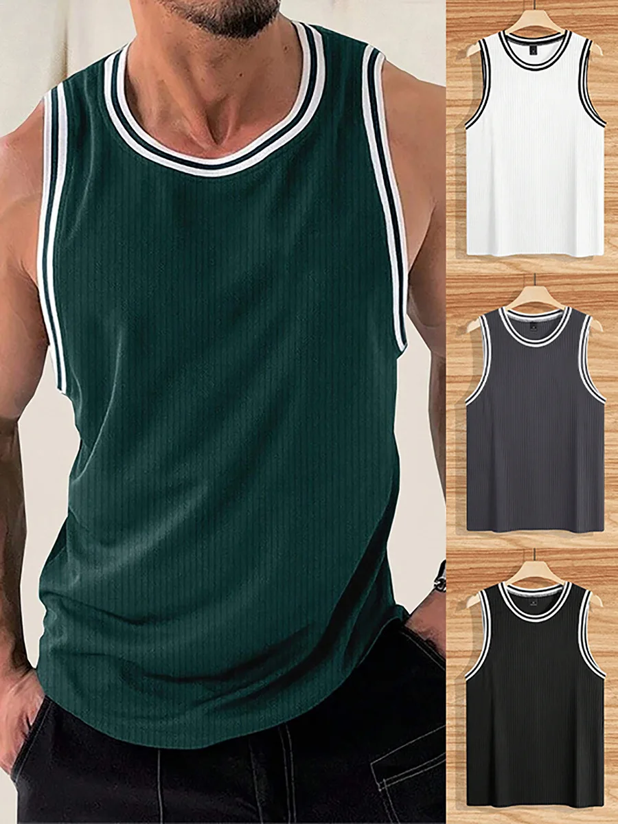 Men\'s Sports Tank Top Men\'s Daily Gym Sports Sleeveless Round Neck T-shirt Sweatshirt Knitted Vertical Stripe Racerback Tank Top