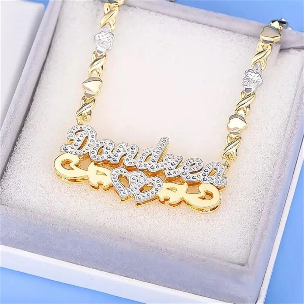 Imagem -03 - Colar de Coração Oco de Dupla Camada para Meninas Nome Personalizado Corrente de Coração Xoxo Aço Inoxidável Dourado Tons