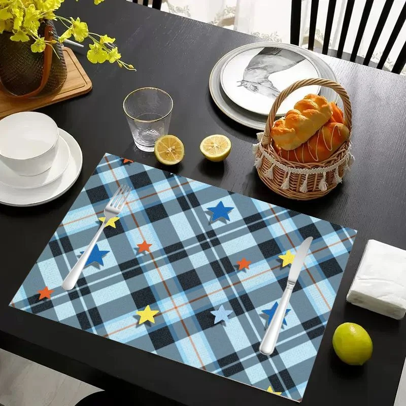 VIKAMA Christmas Placemat Blue Black Plaid Colorful Stars, Waterproof Oil-Proof Heat-Resistant Non-Slip Dining Mat