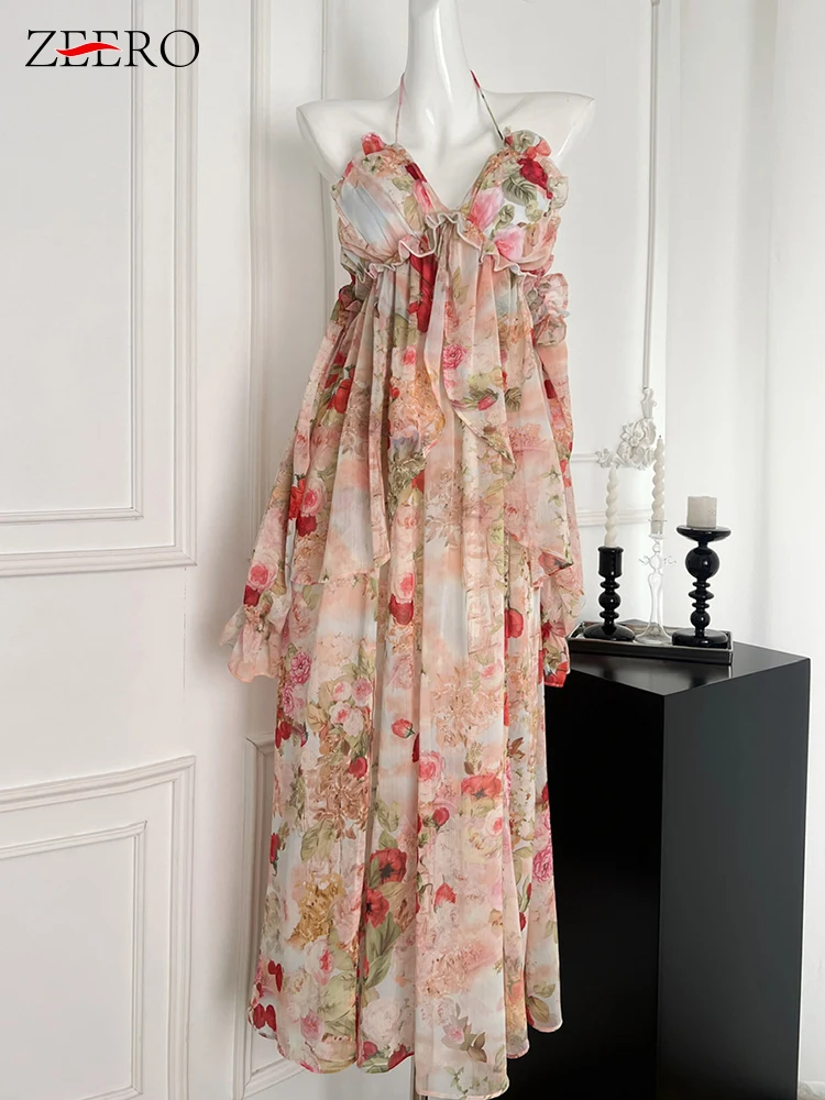 

Summer Women Romantic Floral Print Ruffles Dress Elegant Removable Long Sleeve Sexy Backless Long Fairy Beach Dresses Vestidos