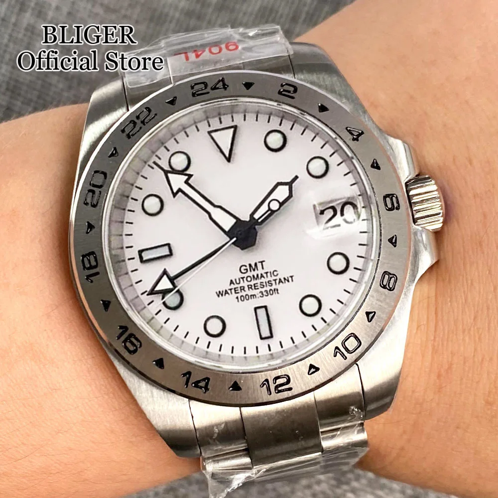 

BLIGER Luxury NH34A 39mm White Dial Black Hands Luminous NH34 GMT Automatic Watch For Men Steel Strap Sapphire Glass